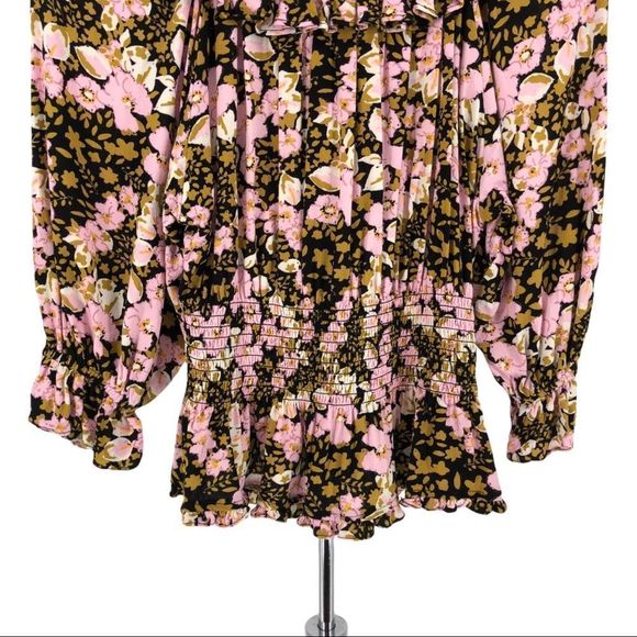 Free People Sweet Memories Floral Crepe Smocked Back Tie Front Ruffle Top - Picture 6 of 14